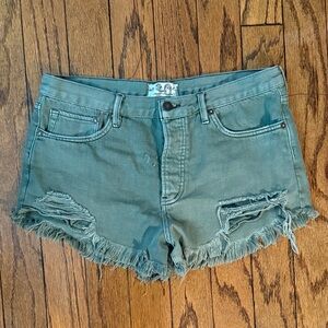 Free People Distressed Green Jean Shorts